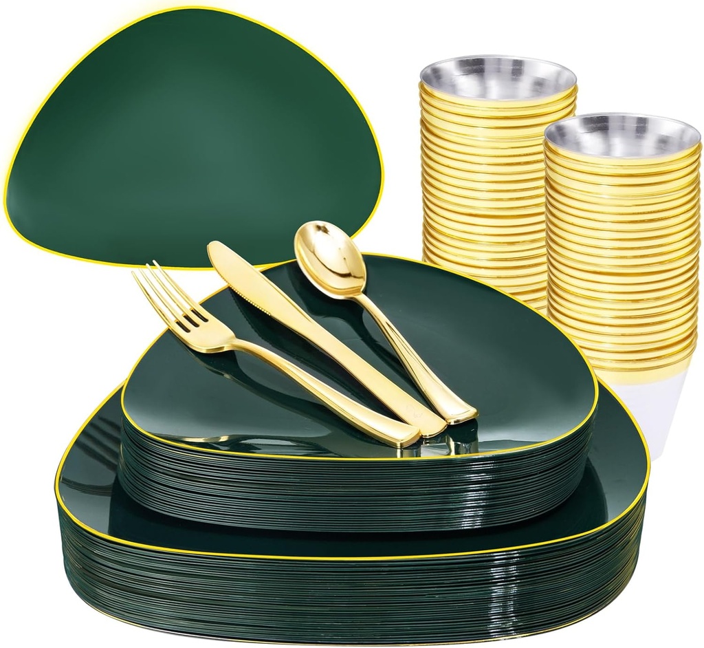 DaYammi 180Pcs Green Plastic Plates, Green Gold Disposable Plates with Gold Silverware Dinnerware Set Include: 30 Dinner Plate,30 Dessert Plate,90 Plastic Cutlery,30 Cups for Party or Holiday parties