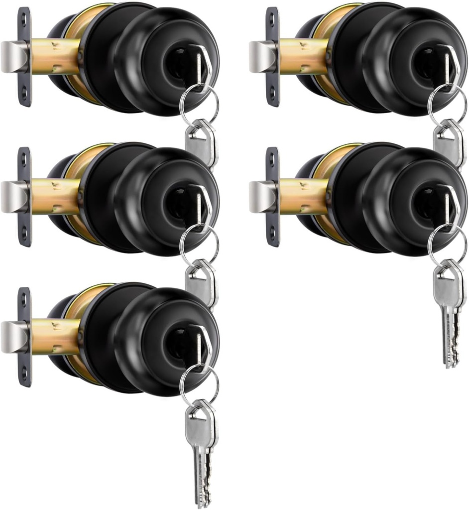 goldenwarm 5 Pack Door Knob with Lock, Matte Black Exterior Door Knob, Keyed Alike Entry Door Knobs with Lock and Key, Black Entry Door Knobs for Bedroom Bathroom (Round Ball)