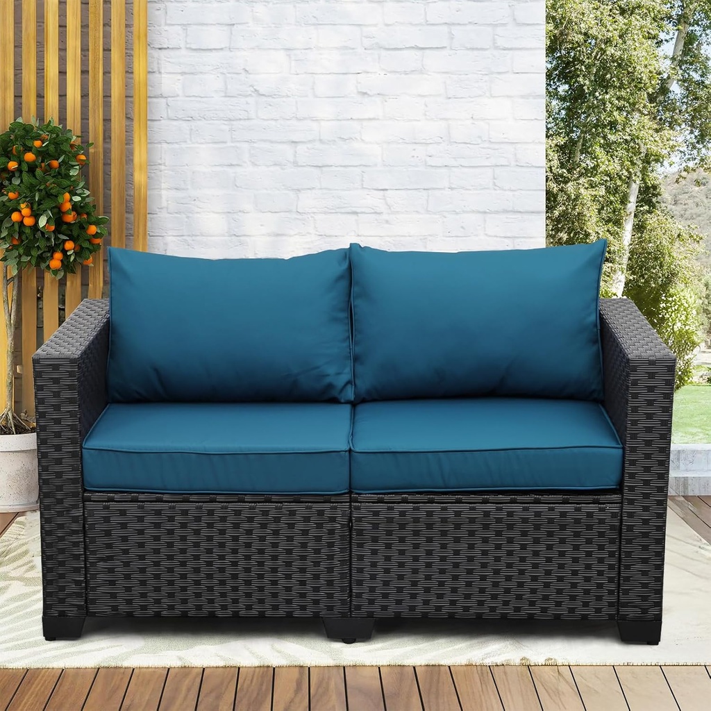 Rattaner Outdoor Furniture Loveseat Sofa Patio Furniture Small Sofa 2 Seater Couch with Anti-Slip Cushions Lumbar Pillow and Waterproof Cover, Peacock Blue