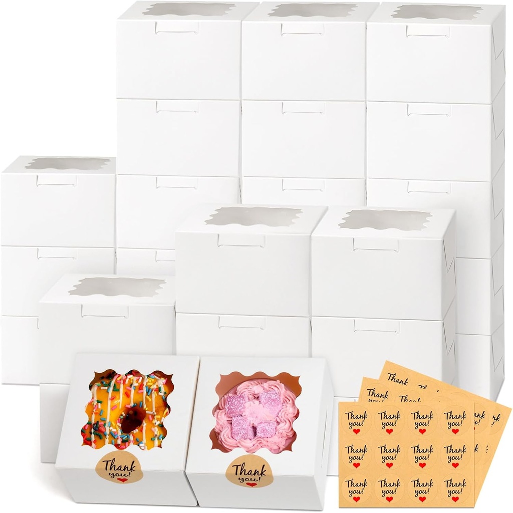 [BRSREZA7OEOWY3D3] 26pcs White Cookie Boxes with Window, 4x4x2.5 Inches Small Bakery Boxes with 36pcs Stickers, for Mini Cake Cookies Treat Dessert Pastry Donuts Macaroon Strawberries Chocolate Cupcakes Candy