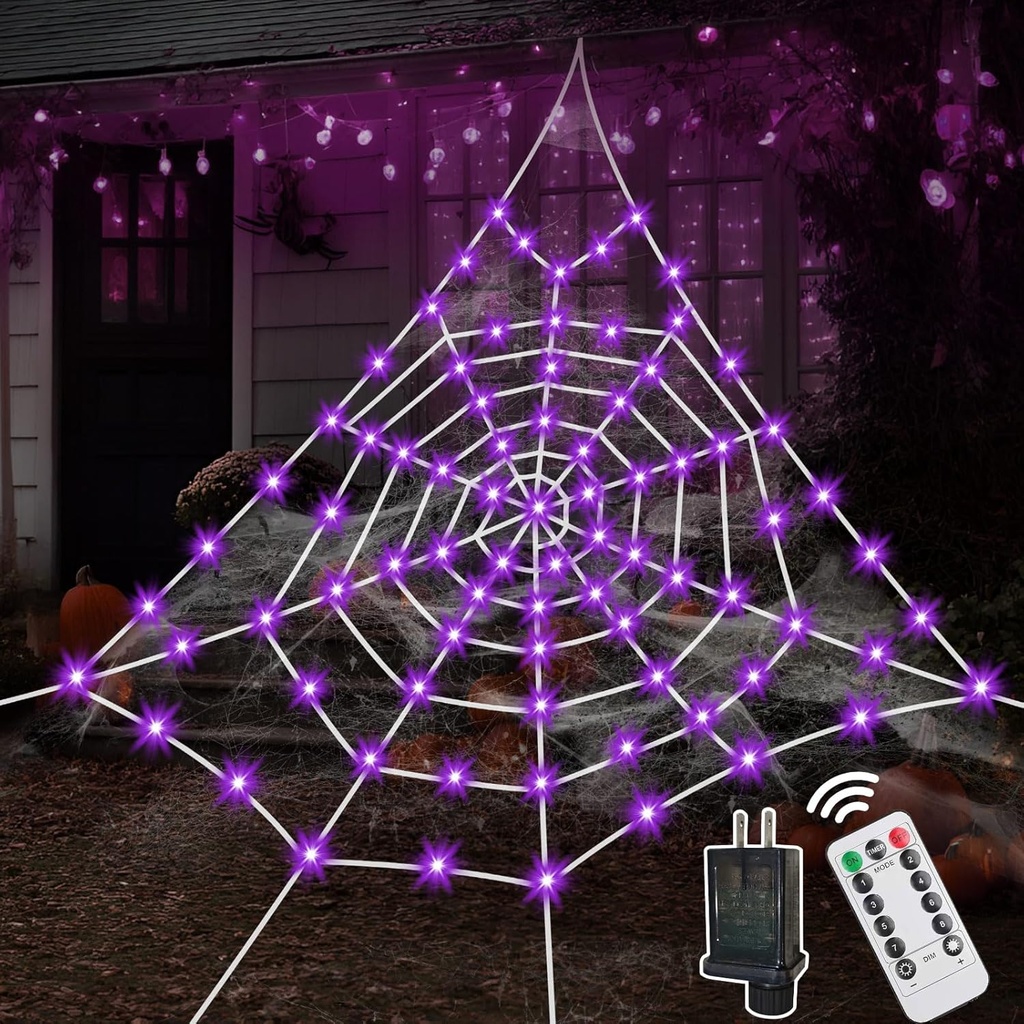 16.4 Ft Halloween Decorations Outdoor Spider Web, Giant Spider Webs Halloween Decoration, 8 Modes Outdoor Spiders Web Decoration for Yard Party Haunted Decor
