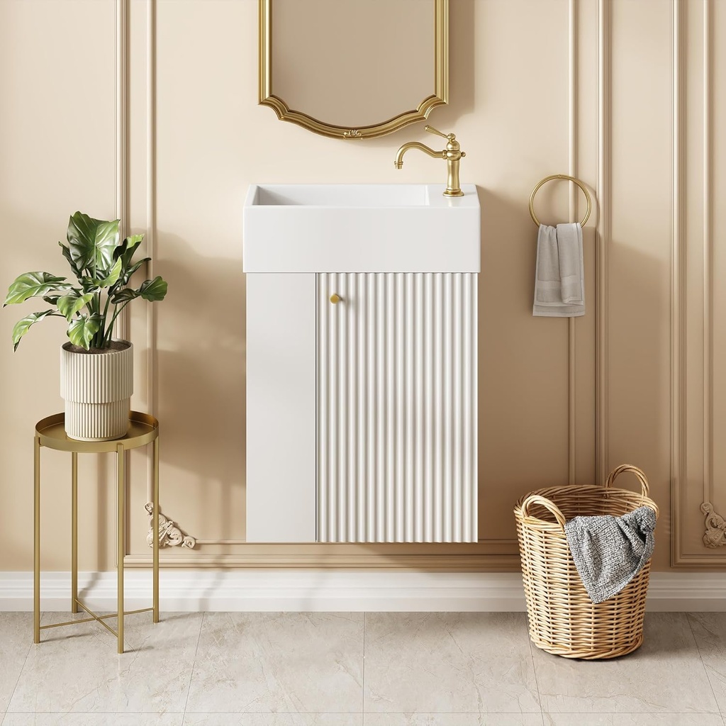 18.5 inch Modern Floating Bathroom Vanity with Resin Basin - Perfect for Small Bathrooms, Left Side Storage, White