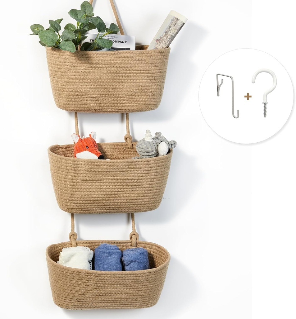 DULLEMELO Wall Baskets for Storage, 3-Tier Woven Cotton Hanging Baskets for Organizing, Jute Wall Hanging Baskets with Door Hooks, Over The Door Basket