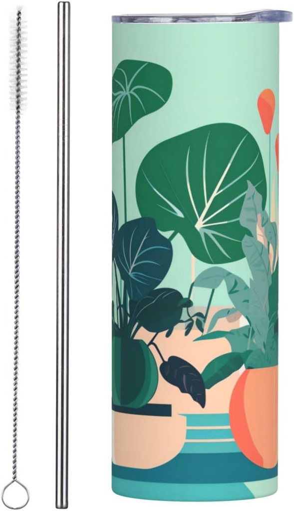 20ozIndoor cartoon potted green plants stainless steel straw lid cup, double-layer stainless steel, can be drunk directly or with a straw