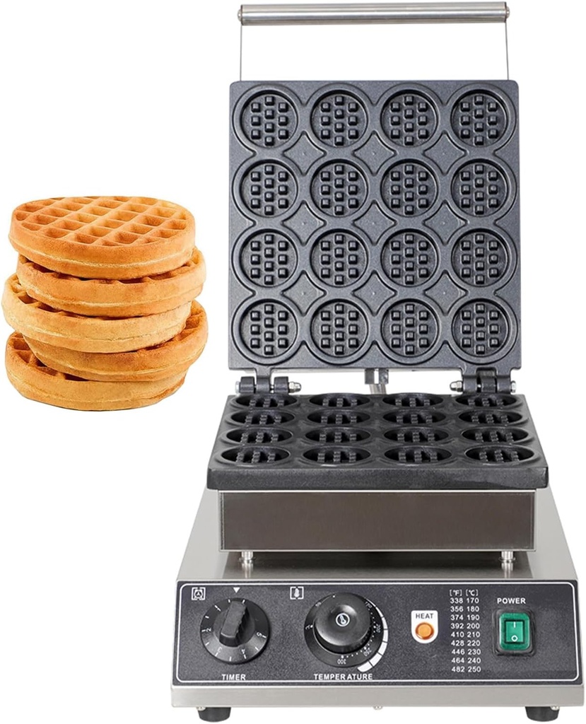 Commercial 1750W Round Belgian Waffle Maker,16pcs Heated Double-sided Heating Mini Round Waffle Iron,Non-Stick Teflon Coating Snack Machine,for Restaurant Bakeries Snack Bar Family
