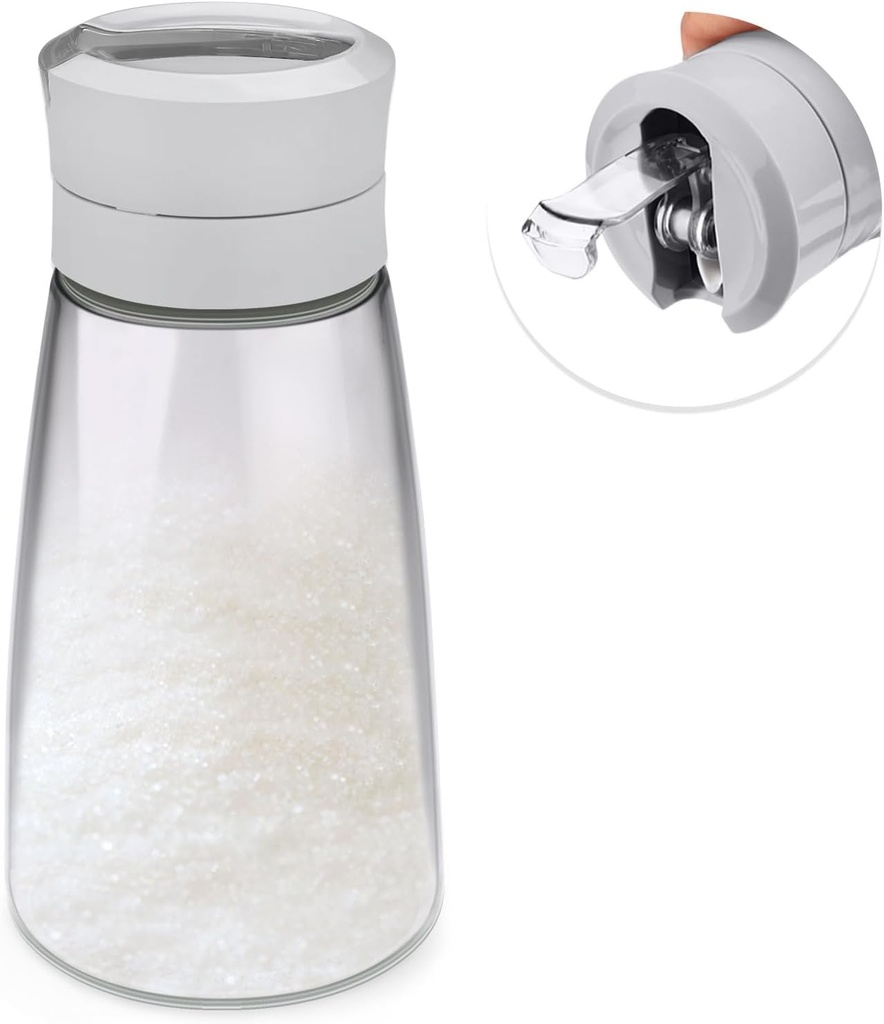 1Pack Glass Sugar Dispenser with Auto Flip Pour Spout, Weighted Pourer Sugar Container, 14.2oz Sugar Bowl Shaker Jar Salt Dish Holder Coffee Bar Accessories