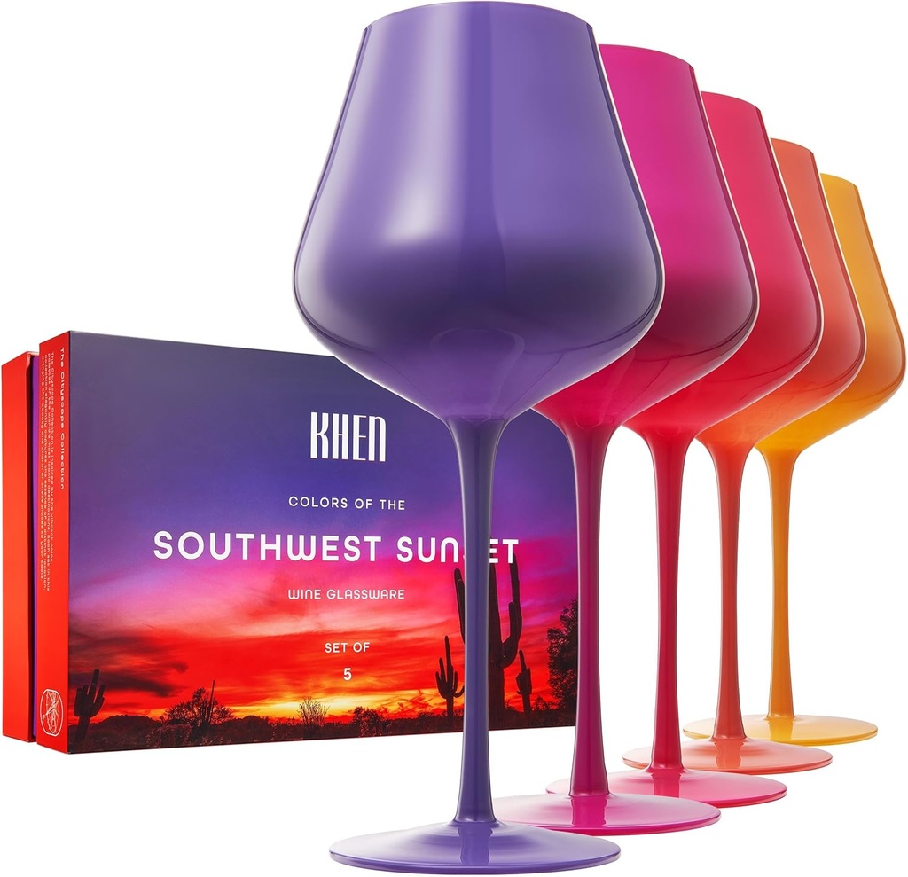 Khen Southwest Sunset Wine Glass – 20.29 oz Large Colored Acrylic Wine Glass, BPA-Free, Shatterproof Goblet for Red or White Wines, Parties, and Outdoor Use - Set of 5