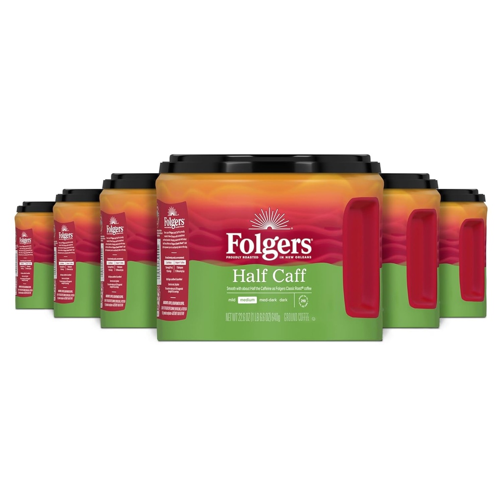 Folgers Half-Caff Medium Roast Ground Coffee, 22.6 Ounce (Pack of 6)