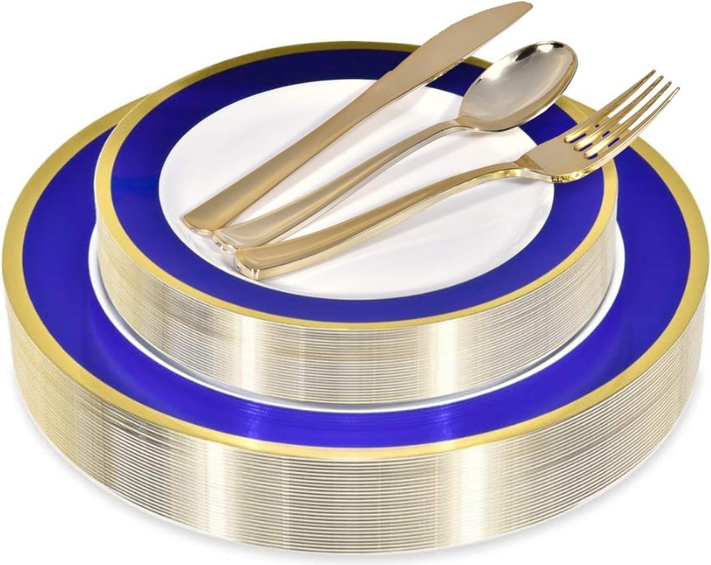 125-Piece White, Blue, and Gold Fancy Plastic Plates Disposable with Silverware, Elegant Dinnerware for Weddings, Holiday Party China, Set of 25 Dinner + Salad Plates, 25 Spoons, 25 Forks, 25 Knives
