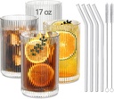 INSETLAN 17oz Ribbed Glassware Set of 4, Glass Cups Large Vintage Glassware Set, Origami Style Cocktail Glasses, Ideal for Beer, Juice, Water, Ice Coffee Cup, Whiskey