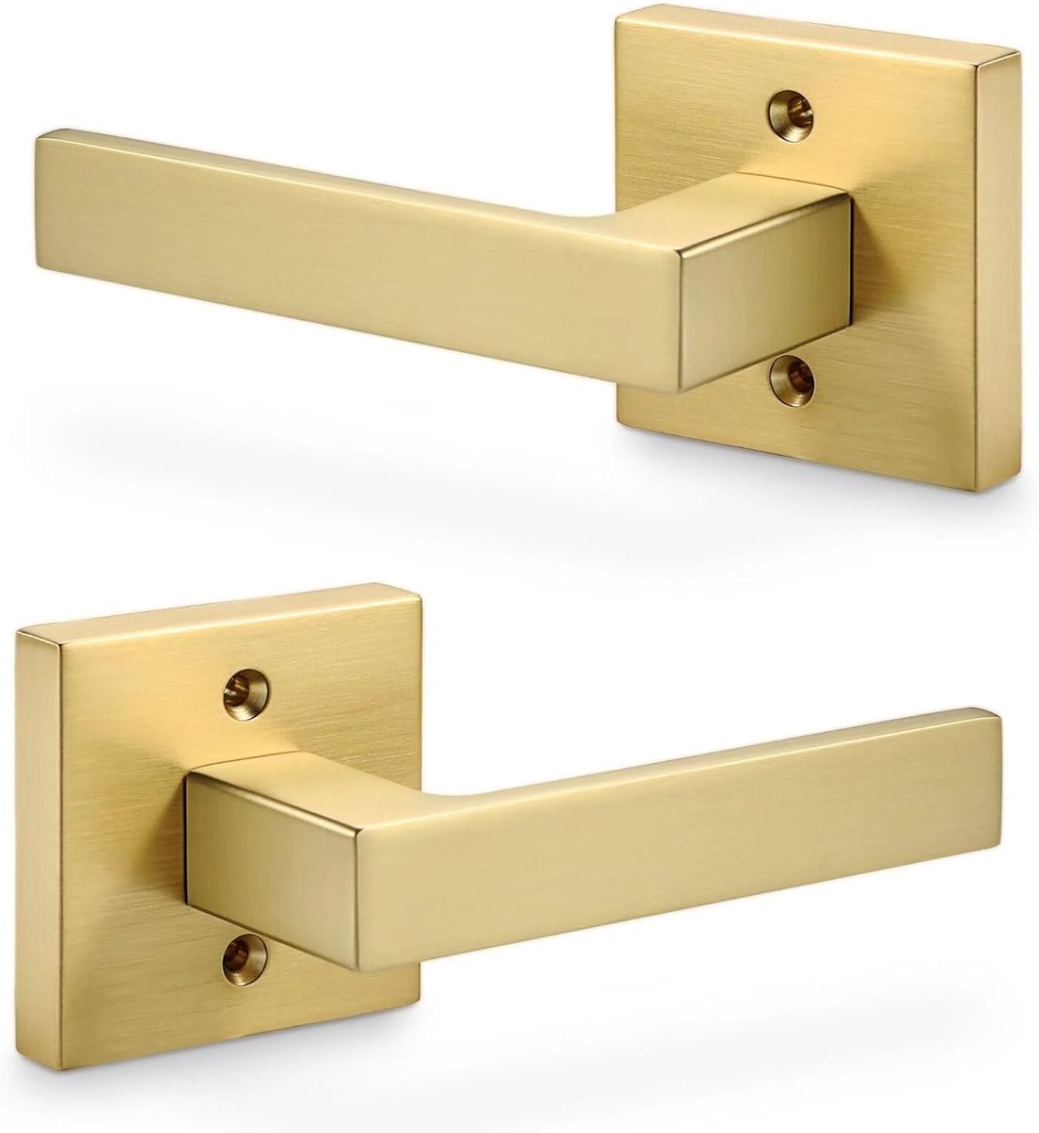 Linkaa Brushed Gold Dummy Door Handles Brass Gold Dummy Lever Handles for Closet French Door I No-Turning I Reversible I Standard Size(1 Pair(2 Handles), Satin Brass，No Latch，Screws Included