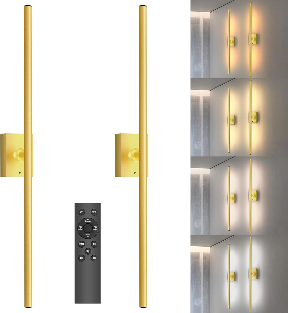 Yurnero Rechargeable Battery Wall Sconces Set of Two - Wireless Operated Modern Remote Dimmable Black & Gold Cordless Wall Light Sconce for Bedroom, Bathroom, Entryway, Decor & Task Lighting