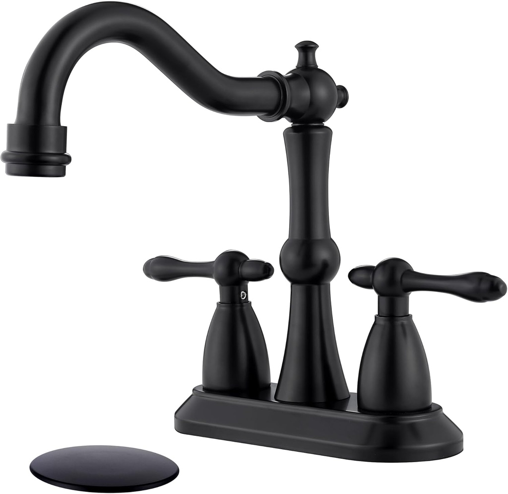 Matte Black Antique Bathroom Sink Faucet, Stainless Steel 4 inch Centerset Vanity Faucet with Drain and Supply Hose, Black Sink Faucet Bathroom 2 Hole