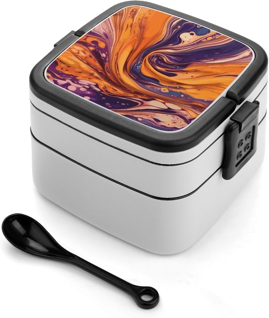 Purple Tie Dye Fabric Bento Box with Spoon, 2-layer Stackable Lunch Box Leak Proof with Invisible Handle, Insulated Food Storage for Office, Picnic & Travel