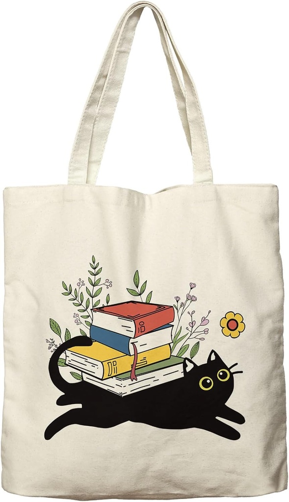 Dlzdn Black Cat Tote Bag Aesthetic Funny Cat Book Reusable Shopping Grocery Bag Beach Bag Birthday Christmas Gifts for Women Teacher