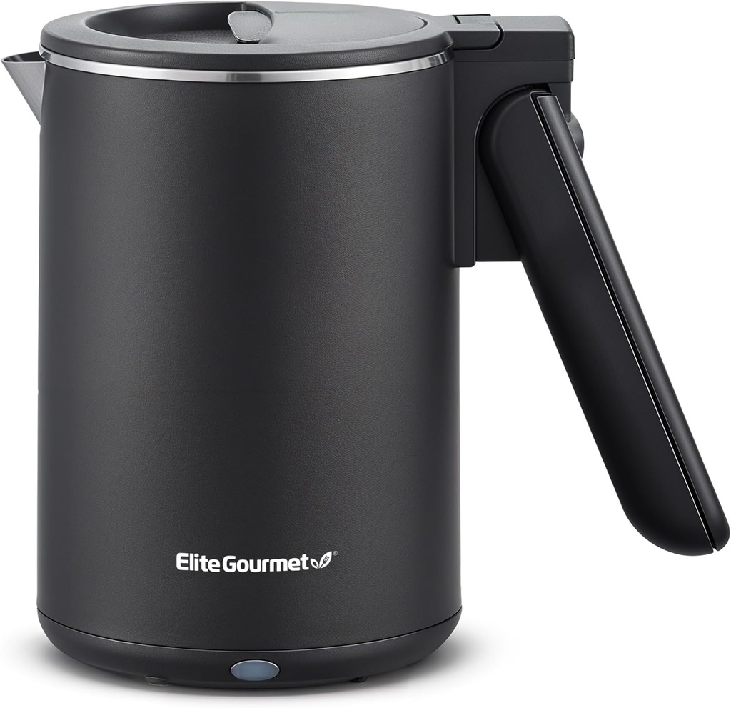 Elite Gourmet Dual Voltage 120-230V, Travel Double Wall Insulated Cool-Touch, 0.6L Electric Kettle Stainless Steel Interior, Hinged-Locking Lid, Auto Shut-Off, Boil Dry Protection, Black