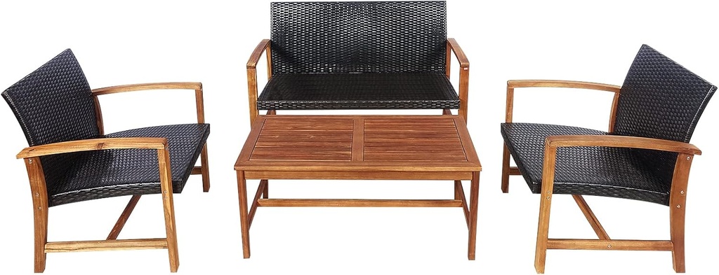 HAPPYGRILL 4 Pieces Patio Furniture Set Outdoor Patio Conversation Set with Coffee Table Loveseat Armchairs, Solid Acacia Wood, PE Wicker Surface, Modern Chat Set for Deck Poolside and Backyard