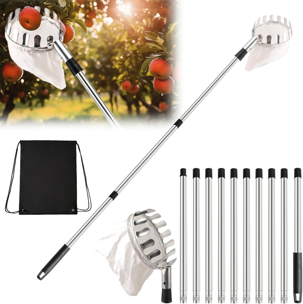 Fruit Picker Pole with Basket Telescoping 13Ft Adjustable Apple Picker Pole with Big Non-Woven Basket Fruits Harvesting Tool for Apples, Lemon, Orange