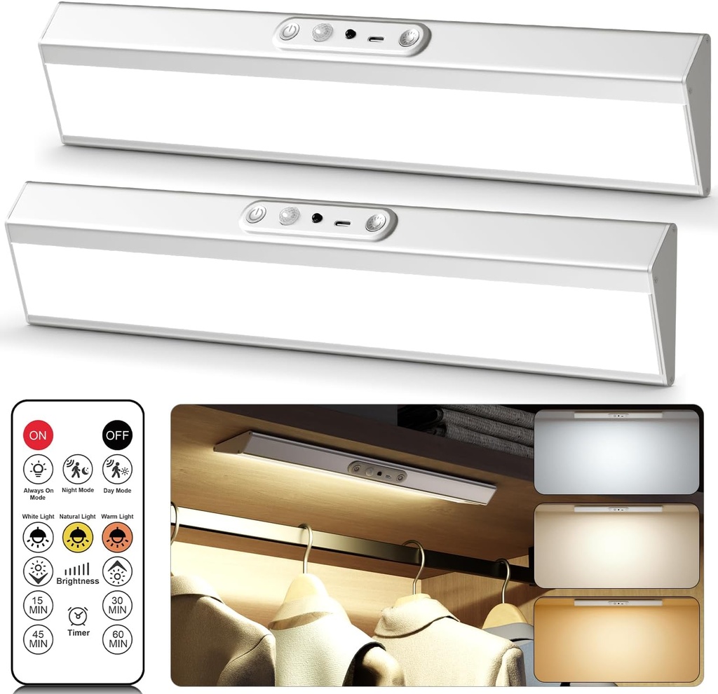 Motion Sensor Closet Lights with Eye Protection Design Pantry Light Under Cabinet Lights Wireless with Remote Control, 3 Color Temp, Rechargeable Closet Light for Wardrobe, Cabinet, Kitchen, Shelf