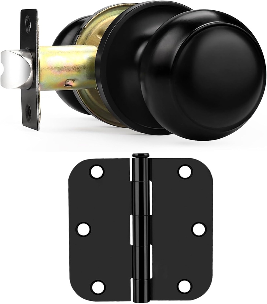 Probrico 10 Black Closet Door Knobs and 3 Black Door Hinges Bundle Set, 3.5 X 3.5 Inch Door Hinges Rounded 5/8" Radius Corners