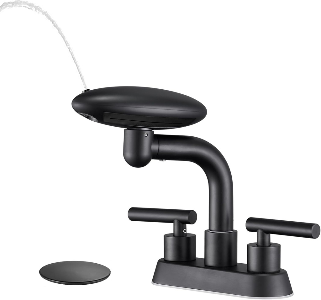 Matte Black Bathroom Sink Faucet，Modern 3 Hole Bathroom Faucet 2 Handle 4 Inch Centerset with 4 Water Outlet Modes, 360° Swivel Spout & Pop-Up Drain