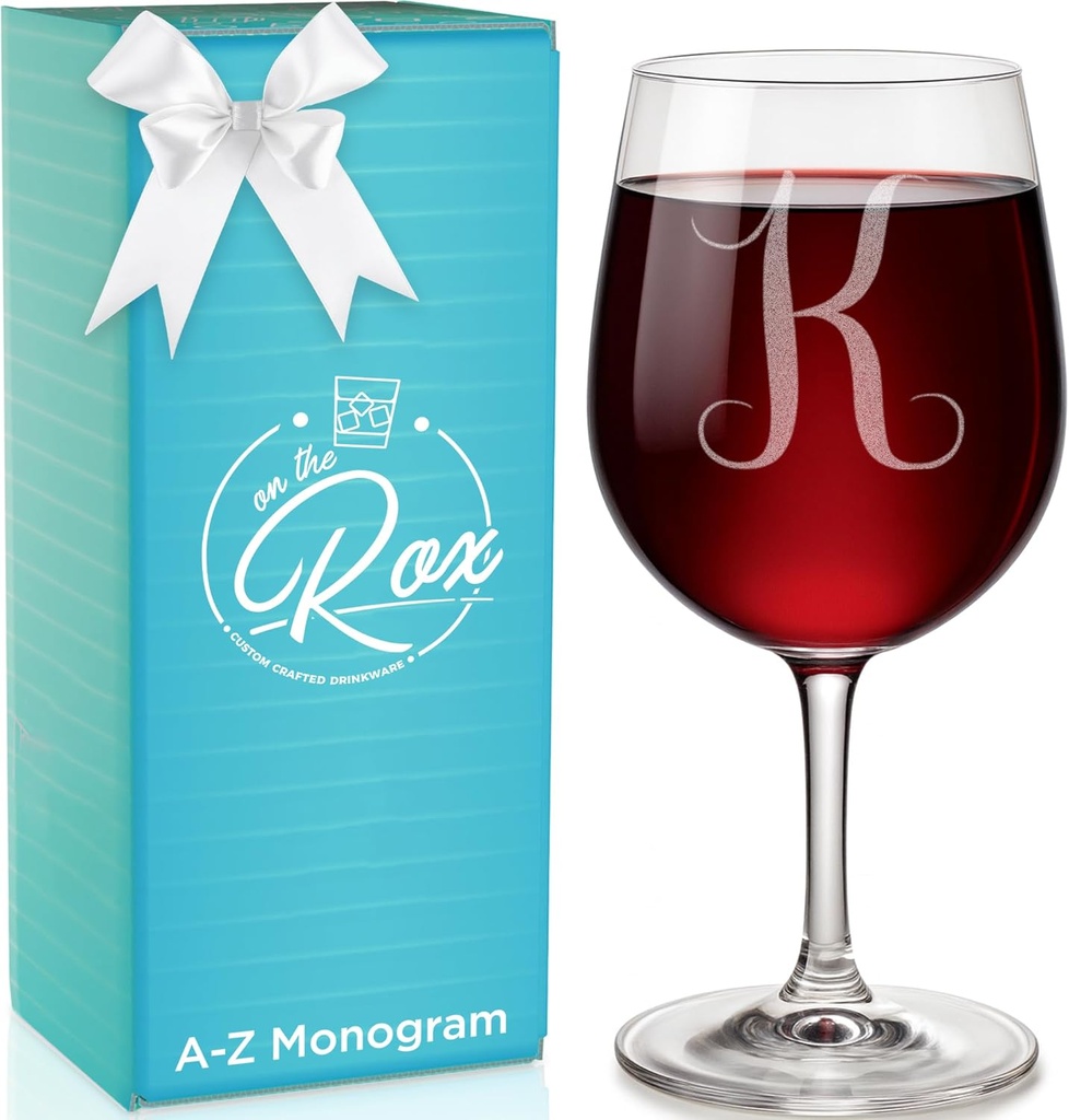 Monogrammed A-Z Wine Gifts for Women - 12.75 oz Engraved Personalized Wine Glass- Funny Wine Lover Monogram Gifts for Women - Unique Wine Glasses Gift Set (K)