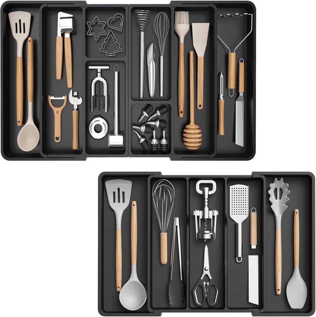 Lifewit Utensil Organizer for Kitchen Drawers, Expandable to 36 Inches Wide,Adjustable Cutlery Silverware Flatware Holder, Plastic Cutlery Flatware Holder, Black