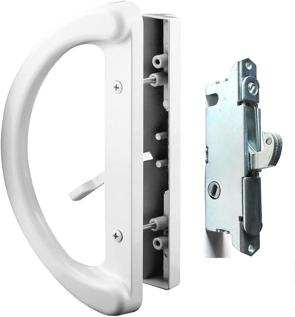 Patio Door Handle Set + Mortise Lock 45° Perfect Replacement for Sliding Glass Door Fits 3-15/16” Screw Hole Spacing, Non-keyed with Latch Locks,White Diecast,Reversible Design(Non-Handed)
