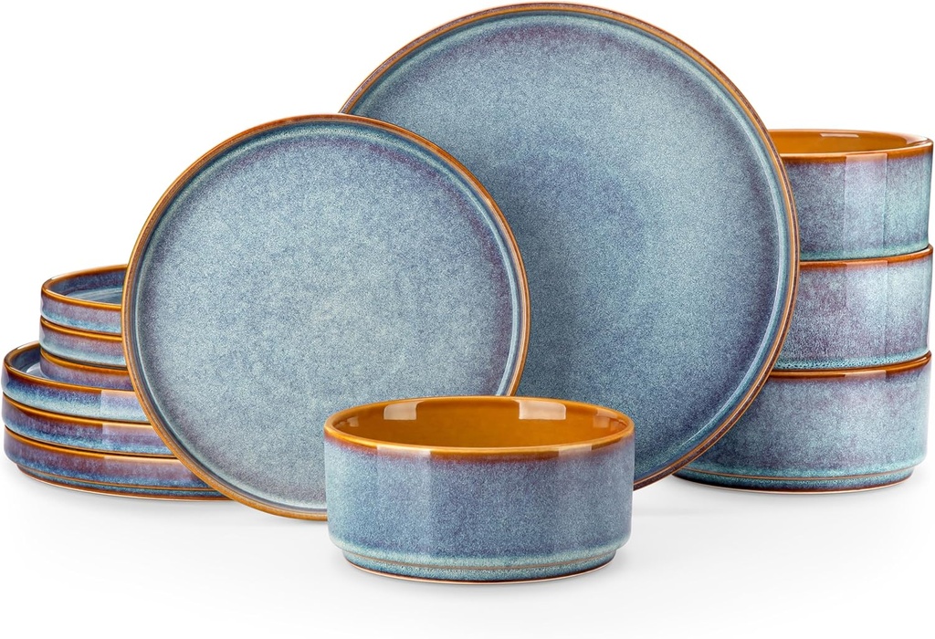 vancasso ONION Ceramic Plates and Bowls Sets, 12 Pieces Blue Dinnerware Sets for Kitchen, Reactive Glaze Dishes Set for 4, Dishwasher and Microwave Safe