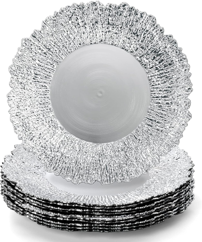 Coloch Set of 12 Plastic Charger Plates, 13" Reusable Reef Serving Chargers for Dinner Plate Round Shiny Decorative Charger Plate for Wedding, Catering, Parties, Restaurant, Home Dinner Use (Silver)