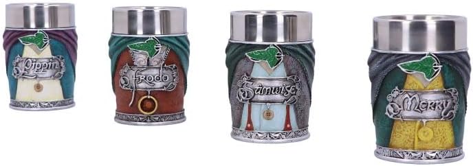 Nemesis Now Lord of the Rings Shot Glass Set of 3, Featuring Hobbits Frodo, Samwise, Pippin, and Merry, Hand-Painted Resin Collectibles