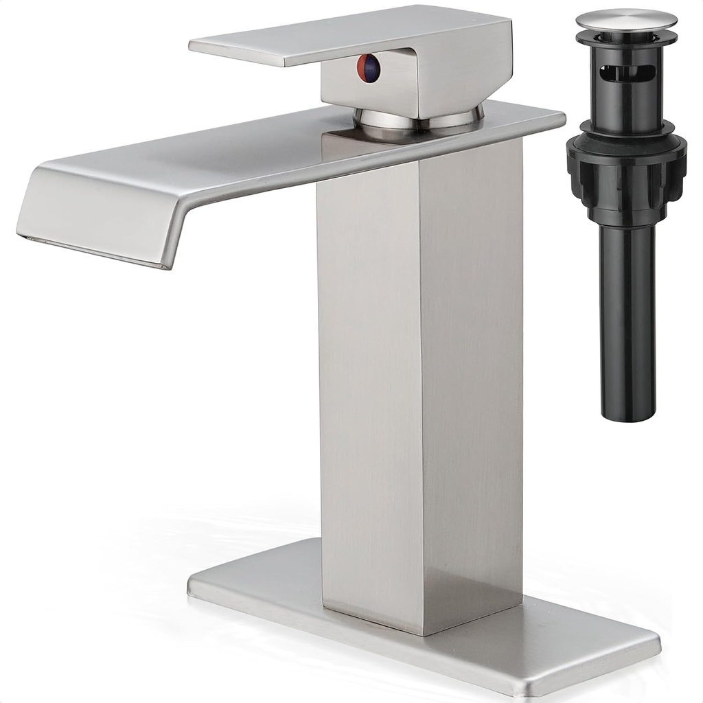 Brass Brushed Nickel Waterfall Faucet, Single Handle Bathroom Faucet, 4 Inch - 1 or 3 Hole with Deck Plate & Pop-Up Drain