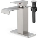 Brass Brushed Nickel Waterfall Faucet, Single Handle Bathroom Faucet, 4 Inch - 1 or 3 Hole with Deck Plate & Pop-Up Drain