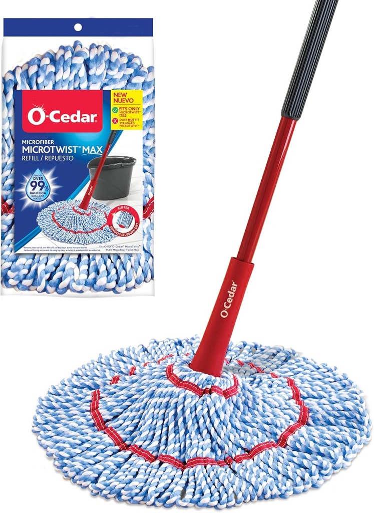 O-Cedar MicroTwist MAX Microfiber Twist Mop with 1 Extra Refill | Features Hands-Free Wringing | Extra Large 18-Inch Mop Head | Safe on All Floor Types