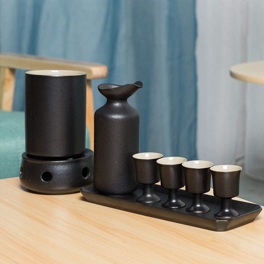 Sake Cup Set Sake Set Japanese 8-Piece Sake Set, Black Glaze 10 Oz Wine Glass Set with Candle Stove and Warming Pot Tray, Quaint Sake Set, for Cold/Warm Sake Pot Set