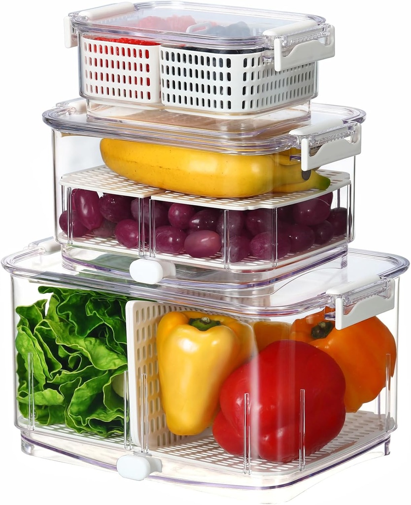 Felli Duo Fresh Produce Saver for Fridge, Fruit Vegetable Container with Vent & Drainage in Bottom for Wash, Colander Strainer Storage Bin for Refrigerator, Berry Lettuce Keeper, Christmas Gifts