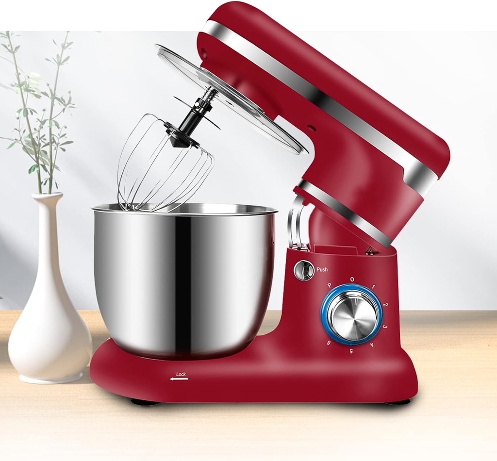 Stand Mixer, Tilt-Head Household Mixers 6-Speed Kitchen Electric Dough Mixer for Household Baking Bread, Kitchen Electric Mixer with Stainless Steel Bowl,Dough Hook,Whisk,red