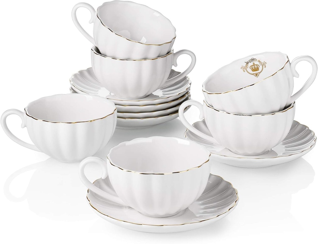 Amazingware Royal Tea Cups and Saucers, with Gold Trim and Gift Box, British Coffee Cups, Tea Cup Set, Porcelain Tea Set, Cappuccino Cups, Latte Cups, Set of 6 (8 oz)- White