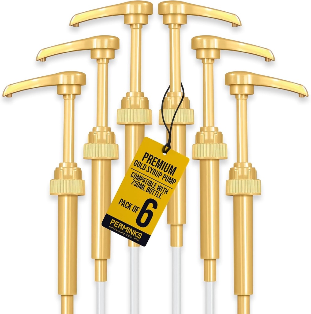 6 pack Coffee Syrup Pump Dispenser (Gold) - Compatible with Torani, Davinci and Skinny Syrup Bottles (750 ml 25.4 oz Bottles)