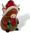 Adorable Highland Cow Christmas Cookie Jar Ceramic w Santa Hat and Wreath