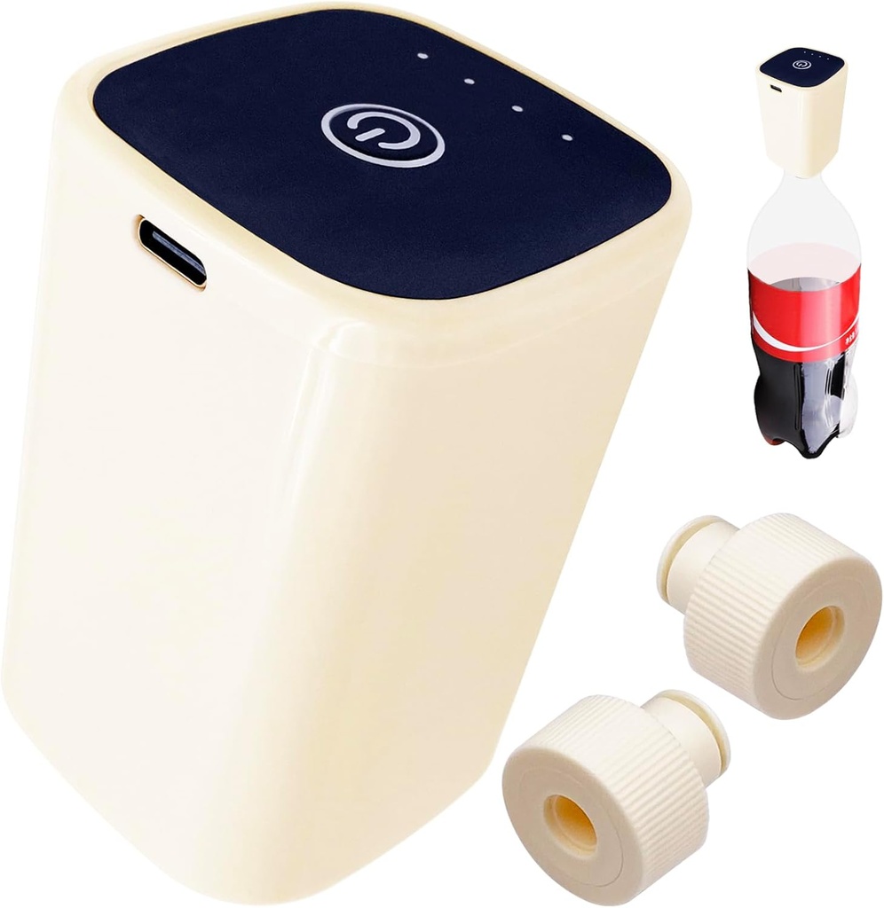 Fizz Keeper Pump USB Charging Includes 2 Reusable Cap to Keep Carbonated Beverages More Bubbly and Fizzy, Fits Standard Carbonated Beverage Cap (Beige)