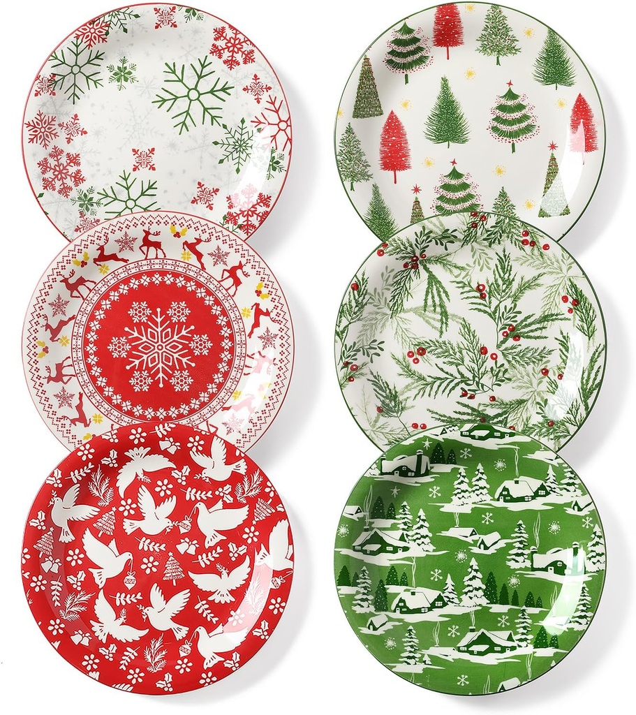 Christmas Dinner Plate Set, 10 Inch Ceramic Serving Plates for Pasta, Steak, Salads, Dishwasher and Microwave Safe, Christmas Dinnerware Set of 6