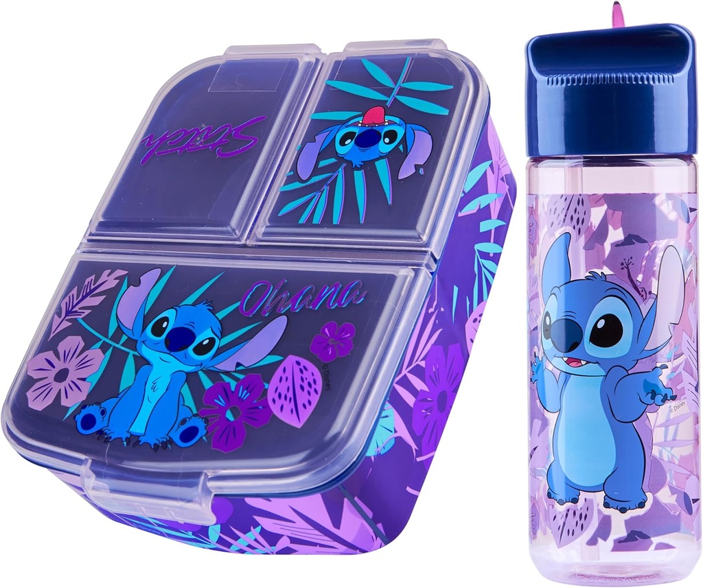 Disney Stitch Kids Lunch Box with Compartments and Water Bottle for School (Blue/Purple)