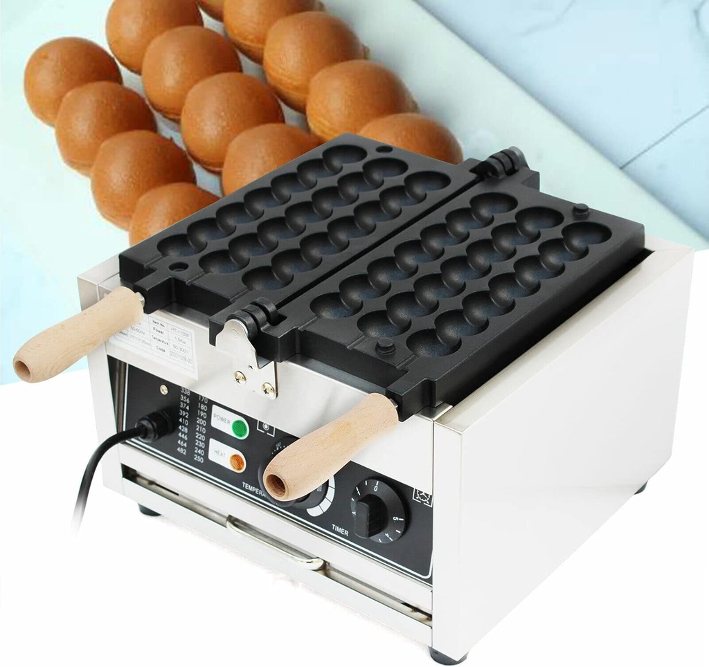 42 PCS Commercial Donut Rock Sugar Gourd Ball Waffle Maker Waffle Baker Machine Nonstick Egg Hot Dog Baker Machine 1500W for Bakeries with Wood Handle, Restaurants, Kiosks, Canteens