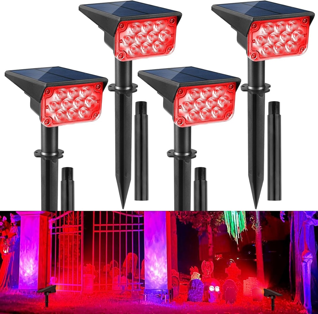 Christmas Red Solar Spot Lights Outdoor,20 LED Waterproof IP65 Solar Landscape Light Adjustable Panel Spotlights for Wall Tree Yard Garden Halloween Lighting 4 Pack