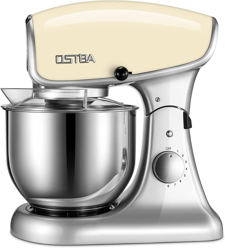 OSTBA Die-Cast Stand Mixer, 8 Speeds, 600W, 5.5Qt Tilt-Head, Stainless Steel Bowl, Dishwasher Safe, Dough Hook, Egg Whisk, Mixer Beater, Splash Guard, Almond Cream