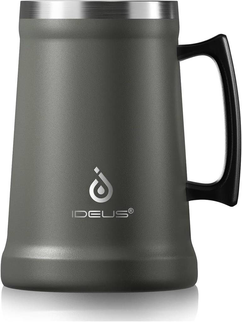 Ideus Insulated Beer Stein, 24/32oz Stainless Steel Double Walled Beer Mug Giant Bar Drinkware Metal Beer Cup with Big Grip Handle (34oz (1,000ml), Grey)