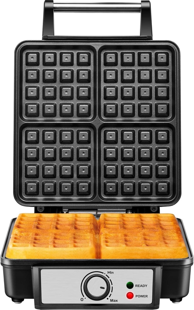 4 Slice Belgian Waffle Maker with Adjustable Temperature and Nonstick Plates - LED Indicators Display - Cool Touch Handles - Automatic Shut Off - Black