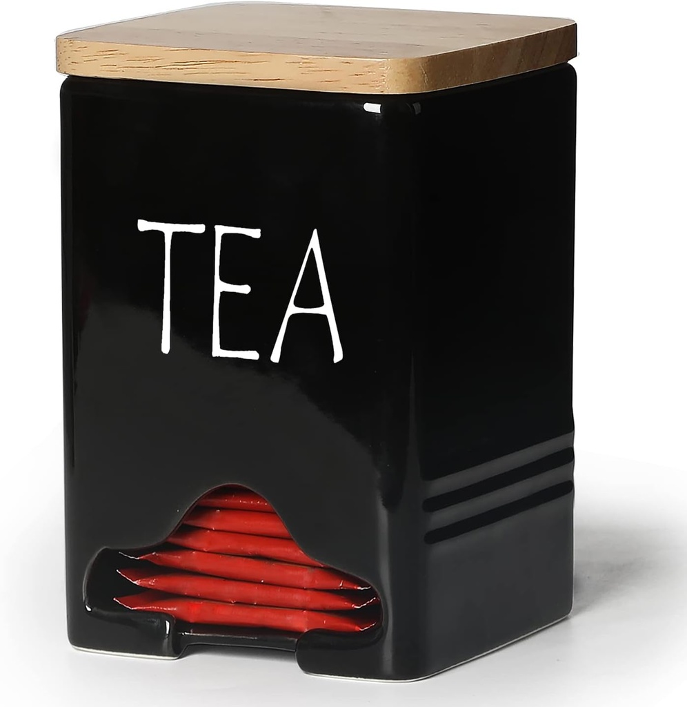 Ceramic Farmhouse Tea Bag Storage Organizer Caddy Holder with Lid (Black)
