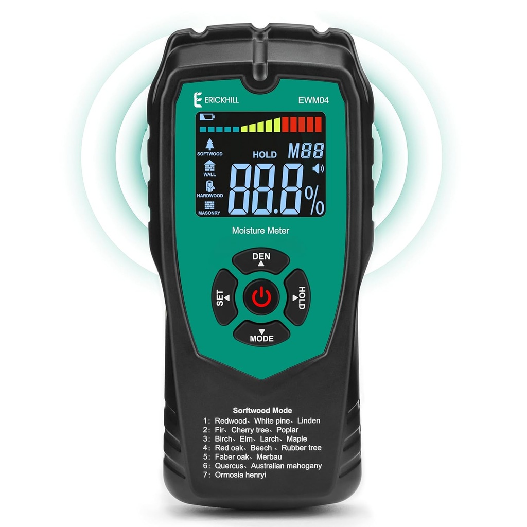 ERICKHILL Pinless Wood Moisture Meter, Non-Destructive Wall Moisture Meter for Drywall Masonry Building Material Dampness Inspection Mold Detector Device, Detects up to 2-inch Below Surface